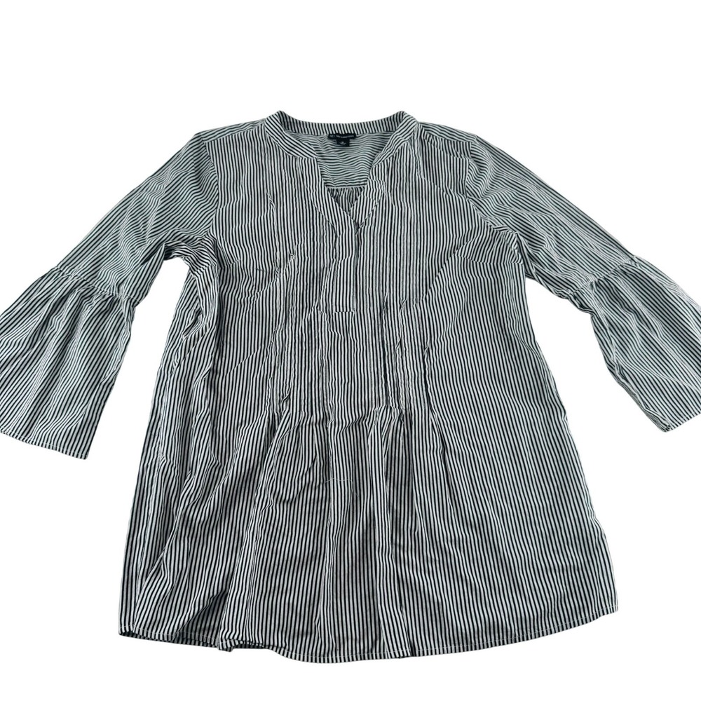 New Directions Striped Bell Sleeve V Neck Tunic Top Women M Black White Cotton